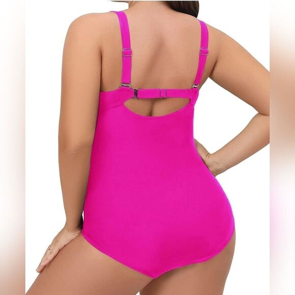 DACI Retro Tummy Control Ruched Barbie Hot Pink Adjustable Plus Swimsuit NWT 20W - Picture 2 of 13